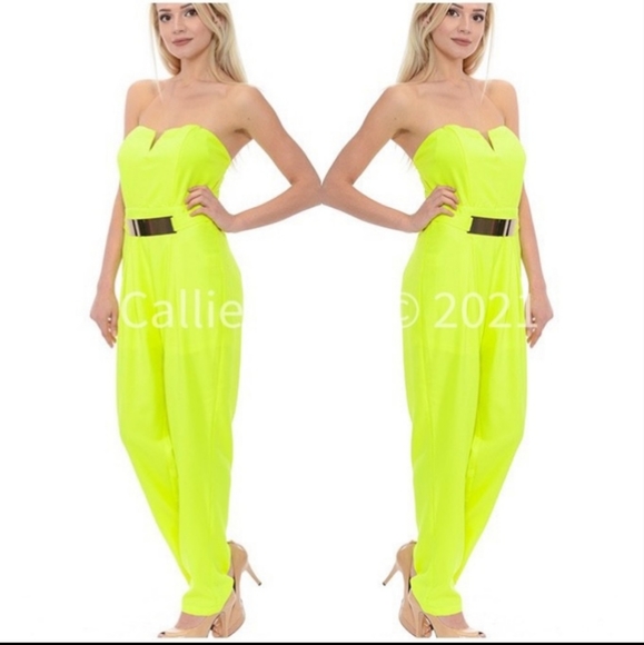 Stasia gold-plated bright neon lemon lime strapless gold buckle jumpsuit - Picture 2 of 4